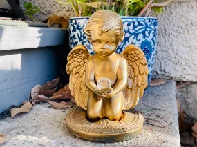 Antique Two Pc Gold Tone Ceramic Angel Cherub Baby Wings Holding Crystal Figure