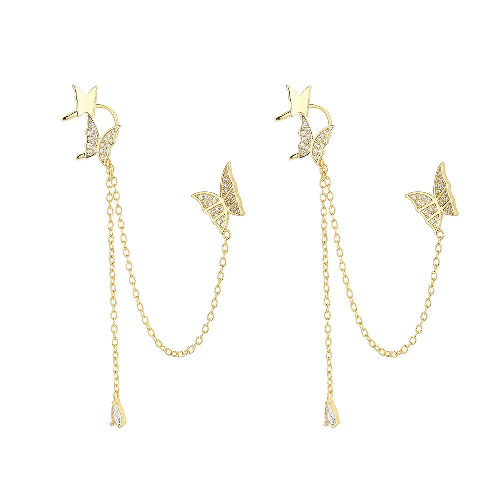 14K Gold Butterfly Cuff & Climber Drop Earrings with Genuine Crystals