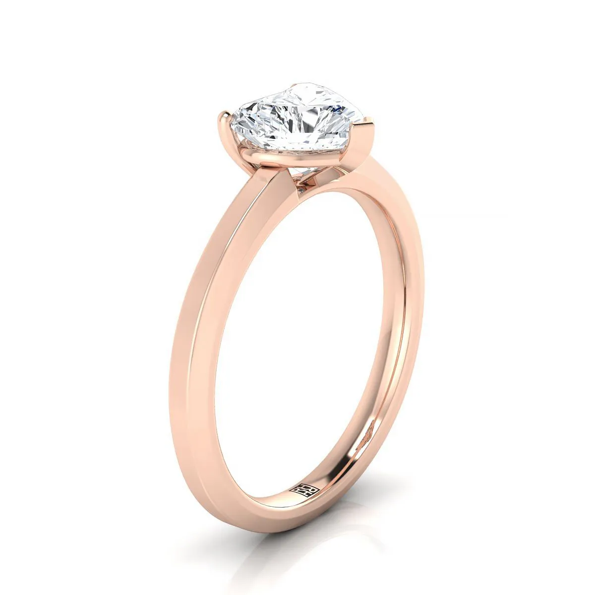 14K Rose Gold Heart Shape Center  Beveled Edge Comfort Style Bright Finish Solitaire Engagement Ring