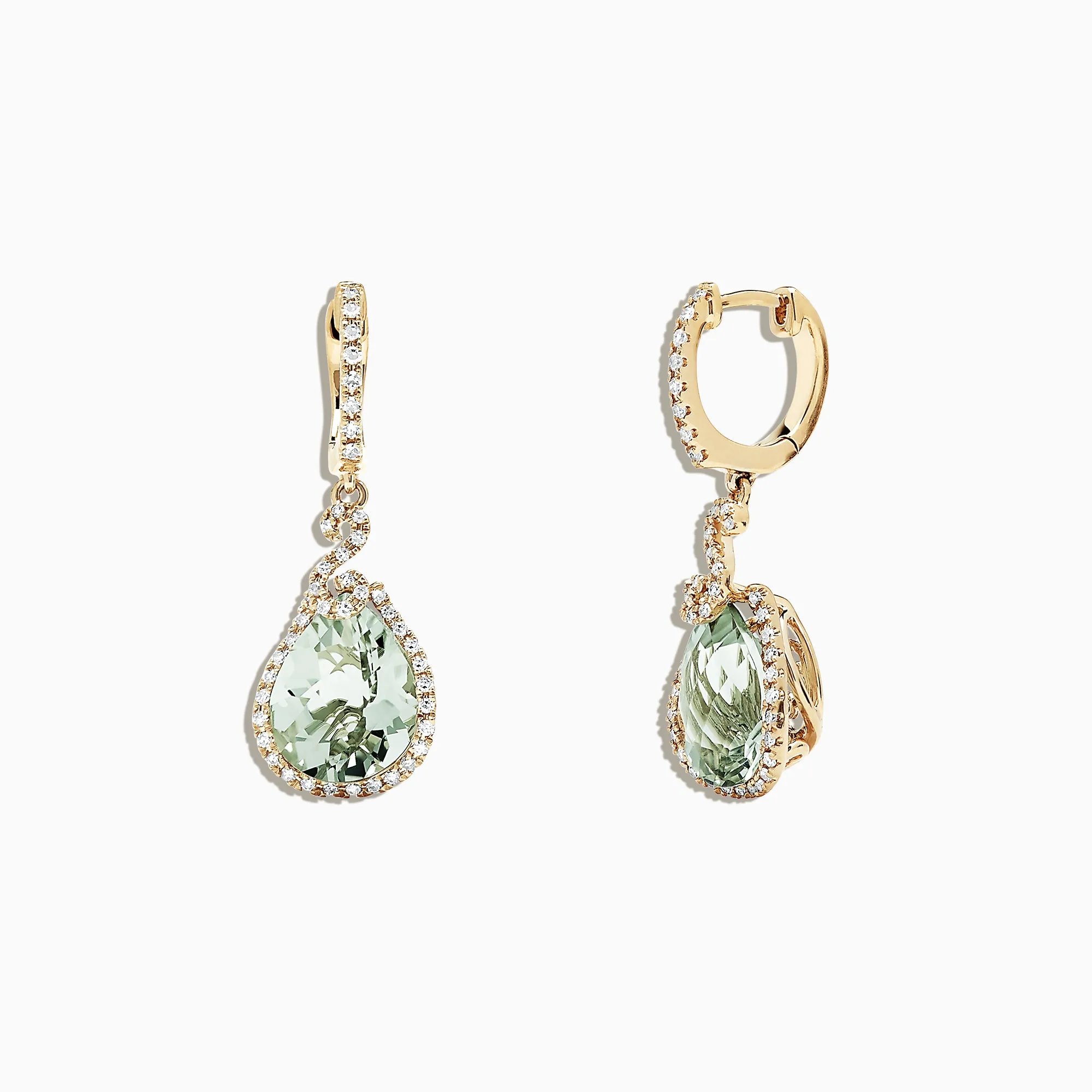 14K Yellow Gold Green Amethyst and Diamond Drop Earrings, 7.03 TCW