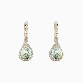 14K Yellow Gold Green Amethyst and Diamond Drop Earrings, 7.03 TCW