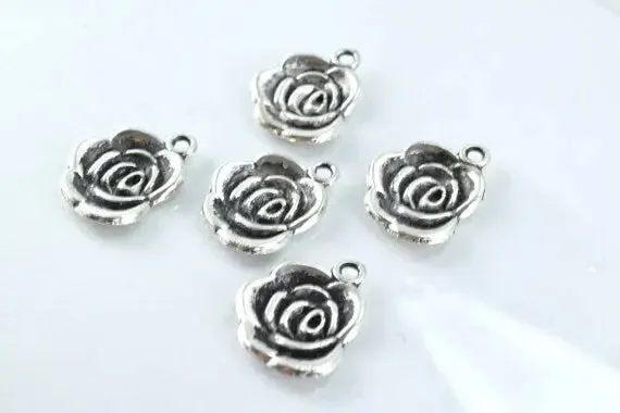 17x14mm Antique Silver Alloy Rosette Charm Pendant Black Accent Coloring Detailed Design,15pcs/PK 2mm hole opening 2mm thickness