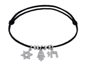 18k White Gold Jewish Diamond Cord Charm Bracelet