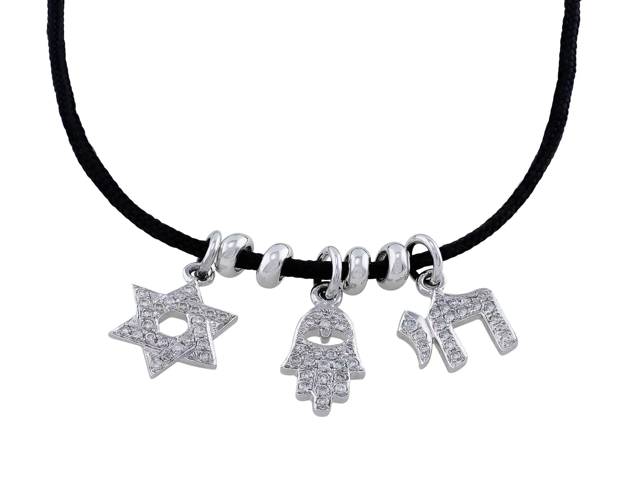 18k White Gold Jewish Diamond Cord Charm Bracelet