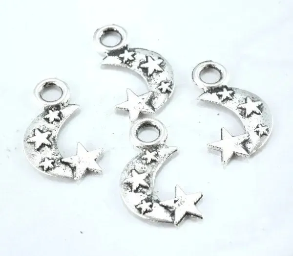 19m Antique Silver Moon Stars Pendant Charm Black accent detailed coloring 3mm Closed loop 25pcs/PK 1mm thickness