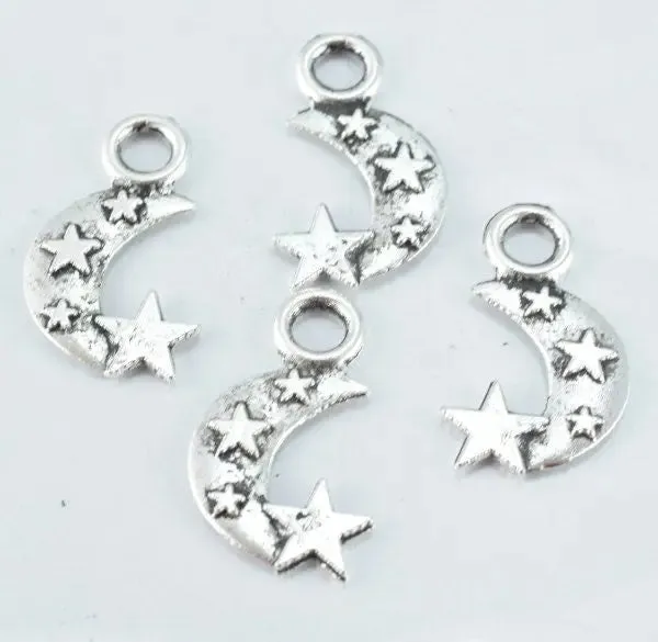 19m Antique Silver Moon Stars Pendant Charm Black accent detailed coloring 3mm Closed loop 25pcs/PK 1mm thickness