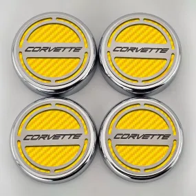 2020-2024 C8 Corvette Coupe - Cap Cover Set 4pc Carbon Fiber Inserts with Stainless Corvette Logo - Polished/Brushed Finish