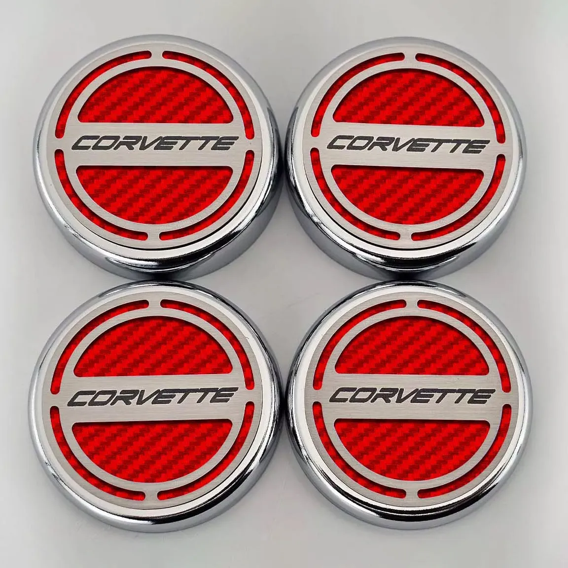 2020-2024 C8 Corvette Coupe - Cap Cover Set 4pc Carbon Fiber Inserts with Stainless Corvette Logo - Polished/Brushed Finish