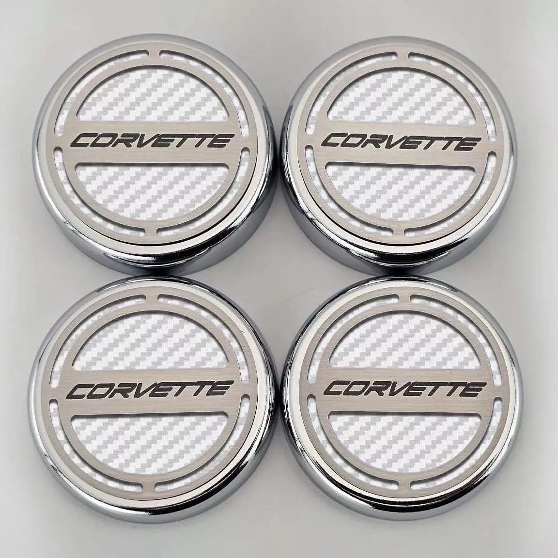 2020-2024 C8 Corvette Coupe - Cap Cover Set 4pc Carbon Fiber Inserts with Stainless Corvette Logo - Polished/Brushed Finish