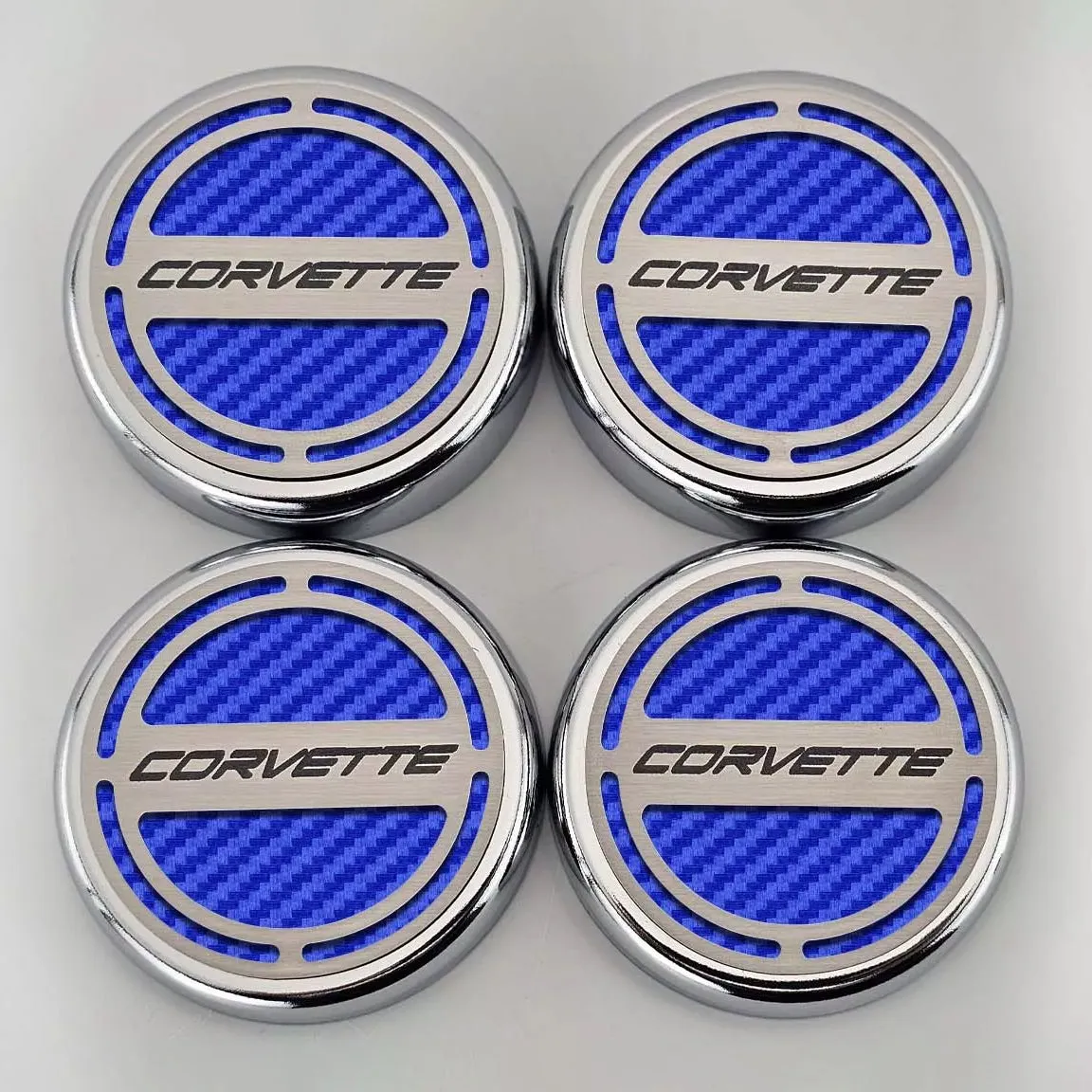 2020-2024 C8 Corvette Coupe - Cap Cover Set 4pc Carbon Fiber Inserts with Stainless Corvette Logo - Polished/Brushed Finish