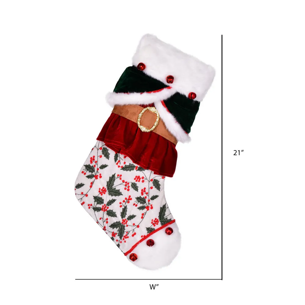 21" Holly Berry Velvet Belt Christmas Stocking