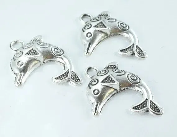 31x23mm Decorative Textured Antique Silver Dolphin Pendant Charm, 8pcs/Pk,3mm hole opening,2mm thickness