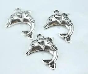 31x23mm Decorative Textured Antique Silver Dolphin Pendant Charm, 8pcs/Pk,3mm hole opening,2mm thickness