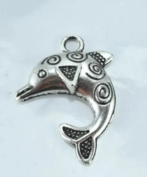 31x23mm Decorative Textured Antique Silver Dolphin Pendant Charm, 8pcs/Pk,3mm hole opening,2mm thickness