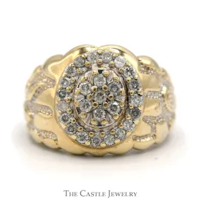 3/4cttw Oval Shaped Diamond Cluster Men's Ring with Nugget Designed Sides in 10k Yellow Gold