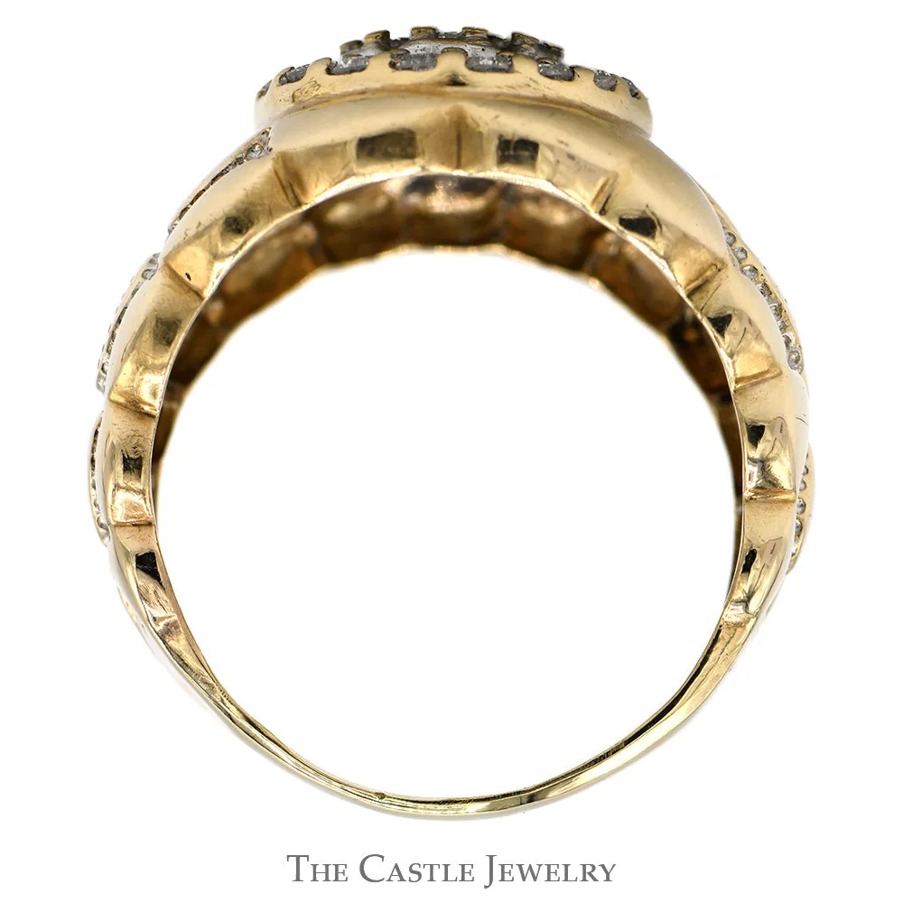 3/4cttw Oval Shaped Diamond Cluster Men's Ring with Nugget Designed Sides in 10k Yellow Gold