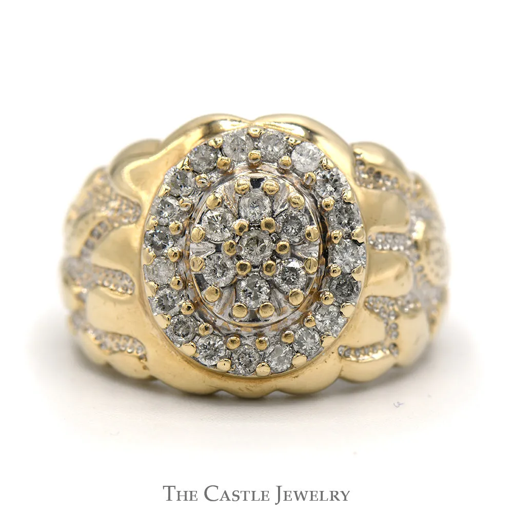 3/4cttw Oval Shaped Diamond Cluster Men's Ring with Nugget Designed Sides in 10k Yellow Gold