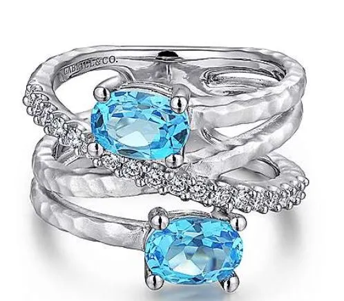 925 Sterling Silver Multi Row Blue Topaz and White Sapphire Ring