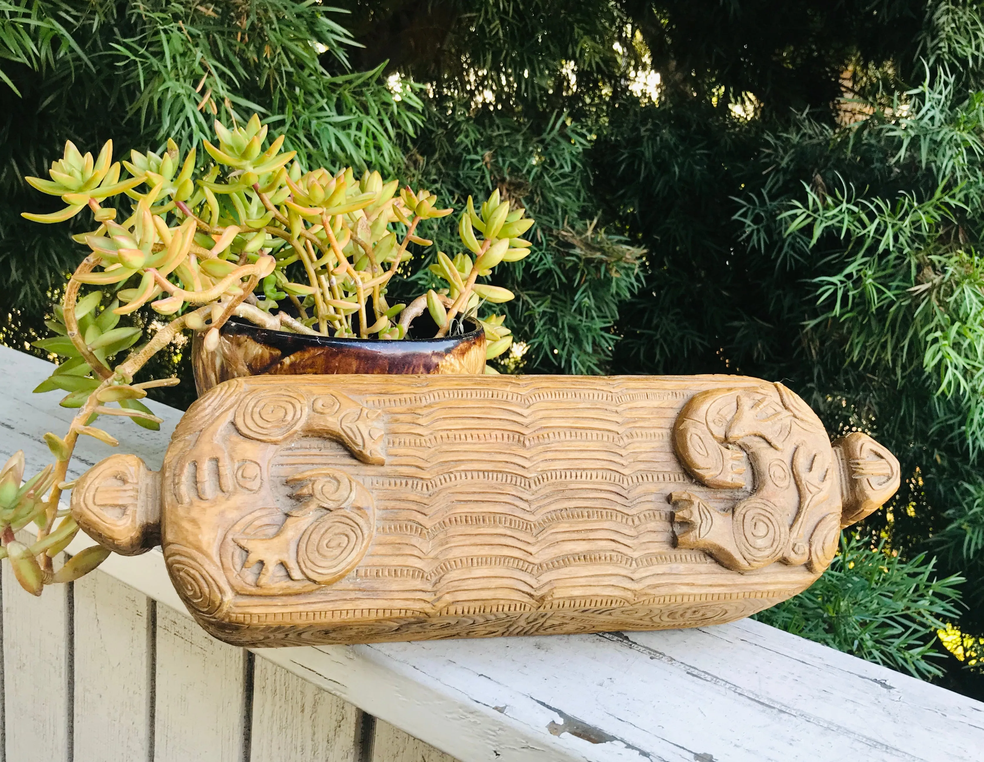 Antique Artisan Handcrafted Wood Carved Animal Tribal Box Container with Lid