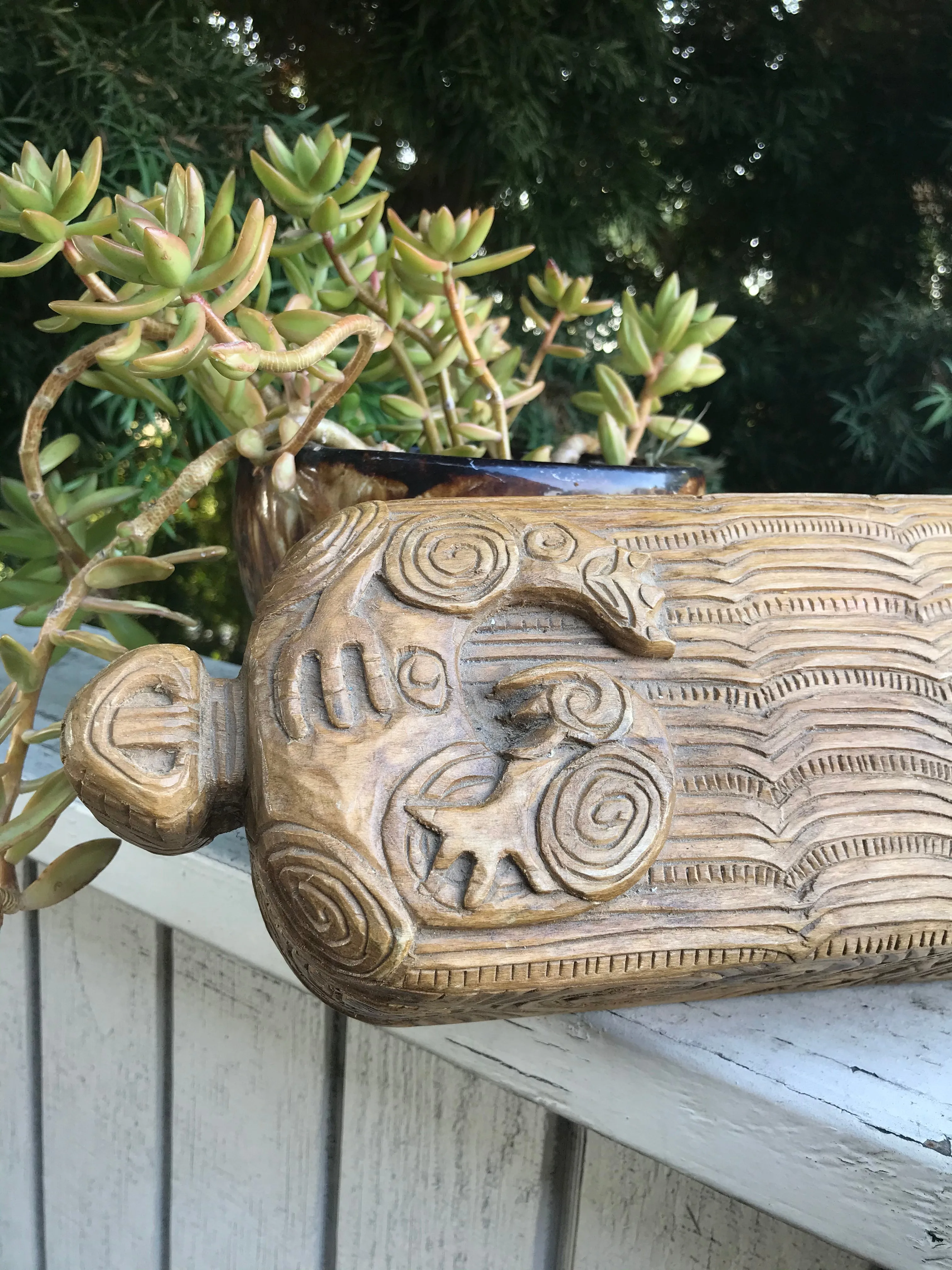 Antique Artisan Handcrafted Wood Carved Animal Tribal Box Container with Lid