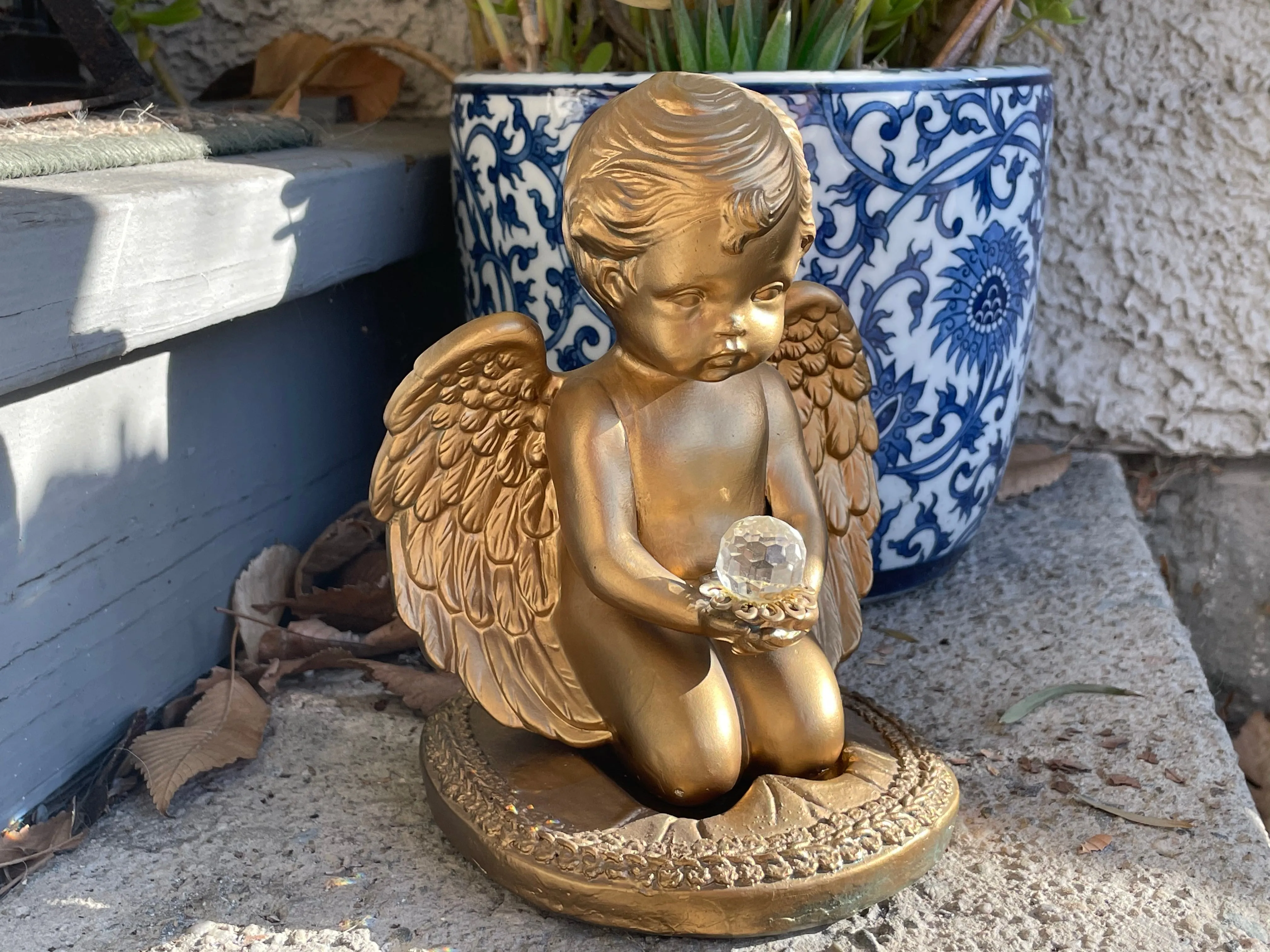 Antique Two Pc Gold Tone Ceramic Angel Cherub Baby Wings Holding Crystal Figure