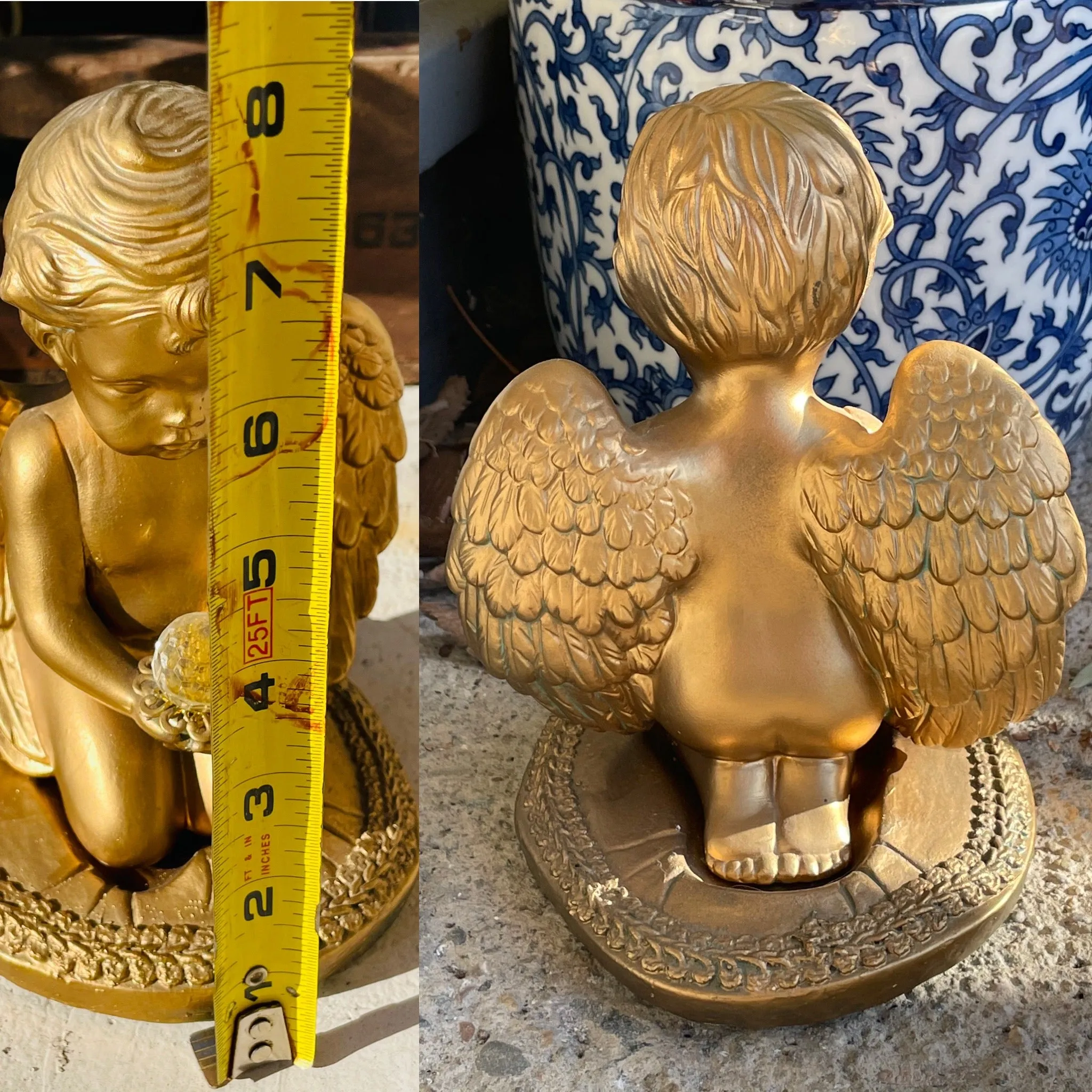 Antique Two Pc Gold Tone Ceramic Angel Cherub Baby Wings Holding Crystal Figure