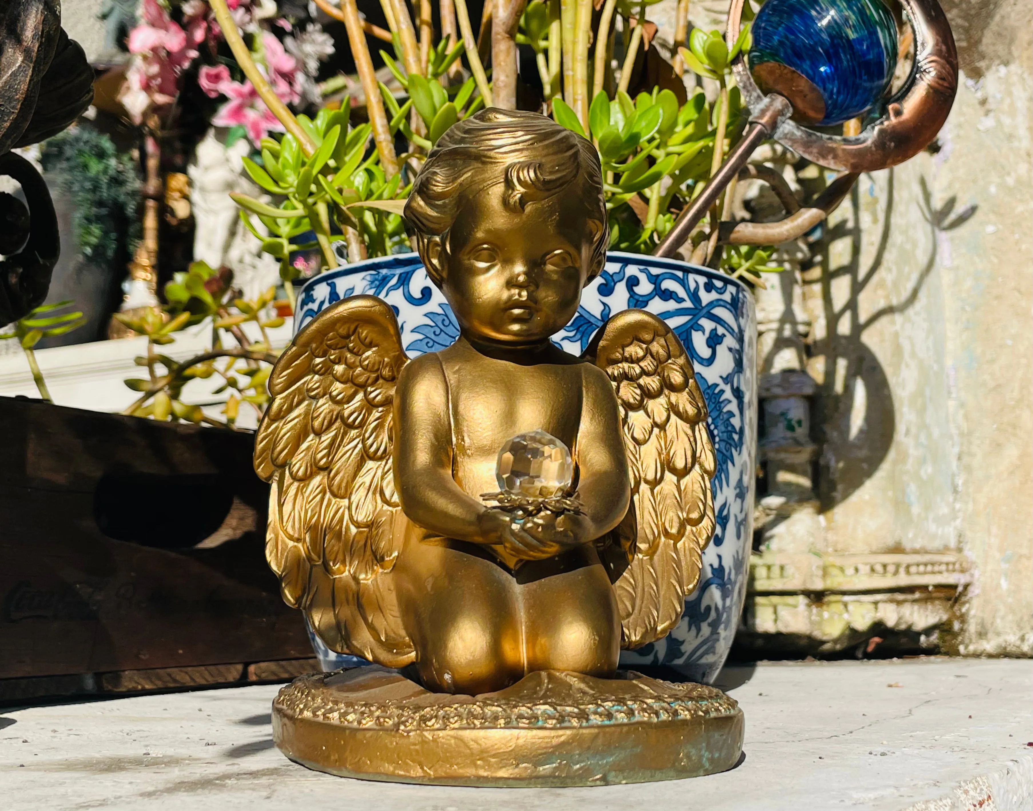 Antique Two Pc Gold Tone Ceramic Angel Cherub Baby Wings Holding Crystal Figure