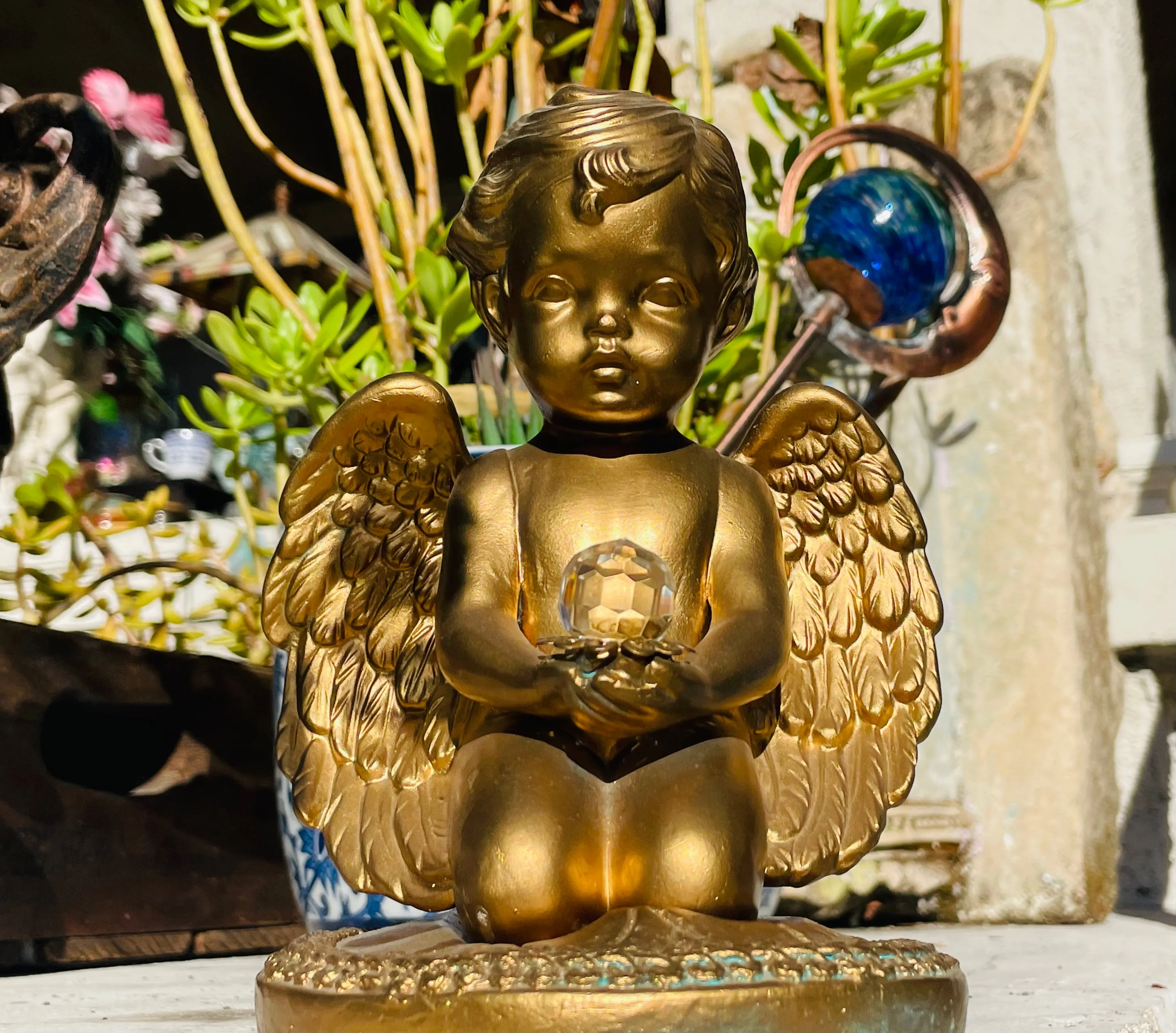 Antique Two Pc Gold Tone Ceramic Angel Cherub Baby Wings Holding Crystal Figure