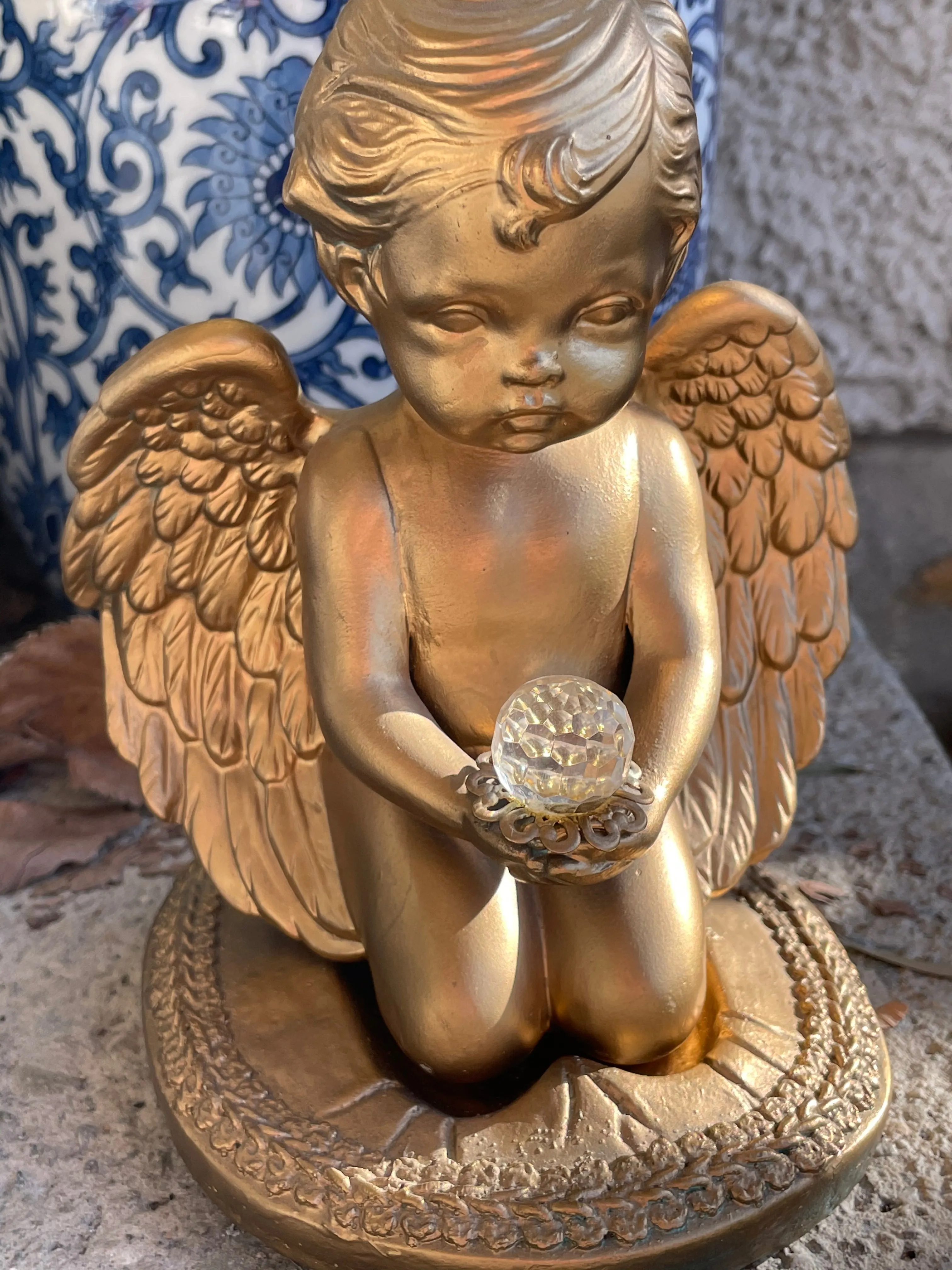 Antique Two Pc Gold Tone Ceramic Angel Cherub Baby Wings Holding Crystal Figure