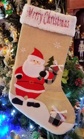 Burlap stocking with Santa Merry Christmas 19"