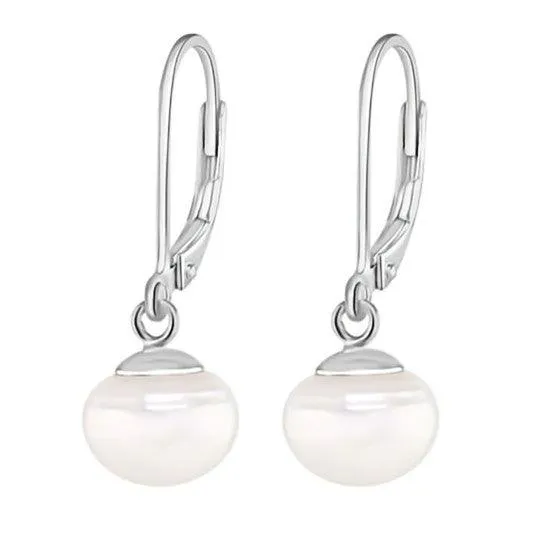 Button Pearl Lever Back Drop Earrings