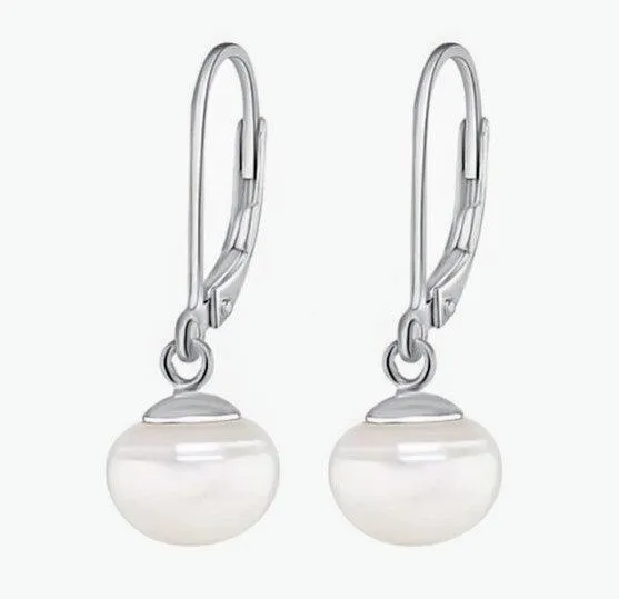 Button Pearl Lever Back Drop Earrings