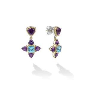 Caviar Color Two-Tone Amethyst and Swiss Blue Topaz Floral Drop Earrings