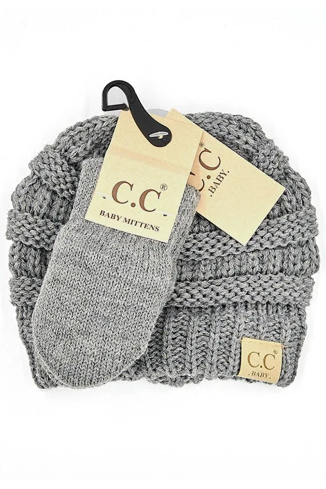 C.C Solid Ribbed Baby Beanie and Mitten Glove