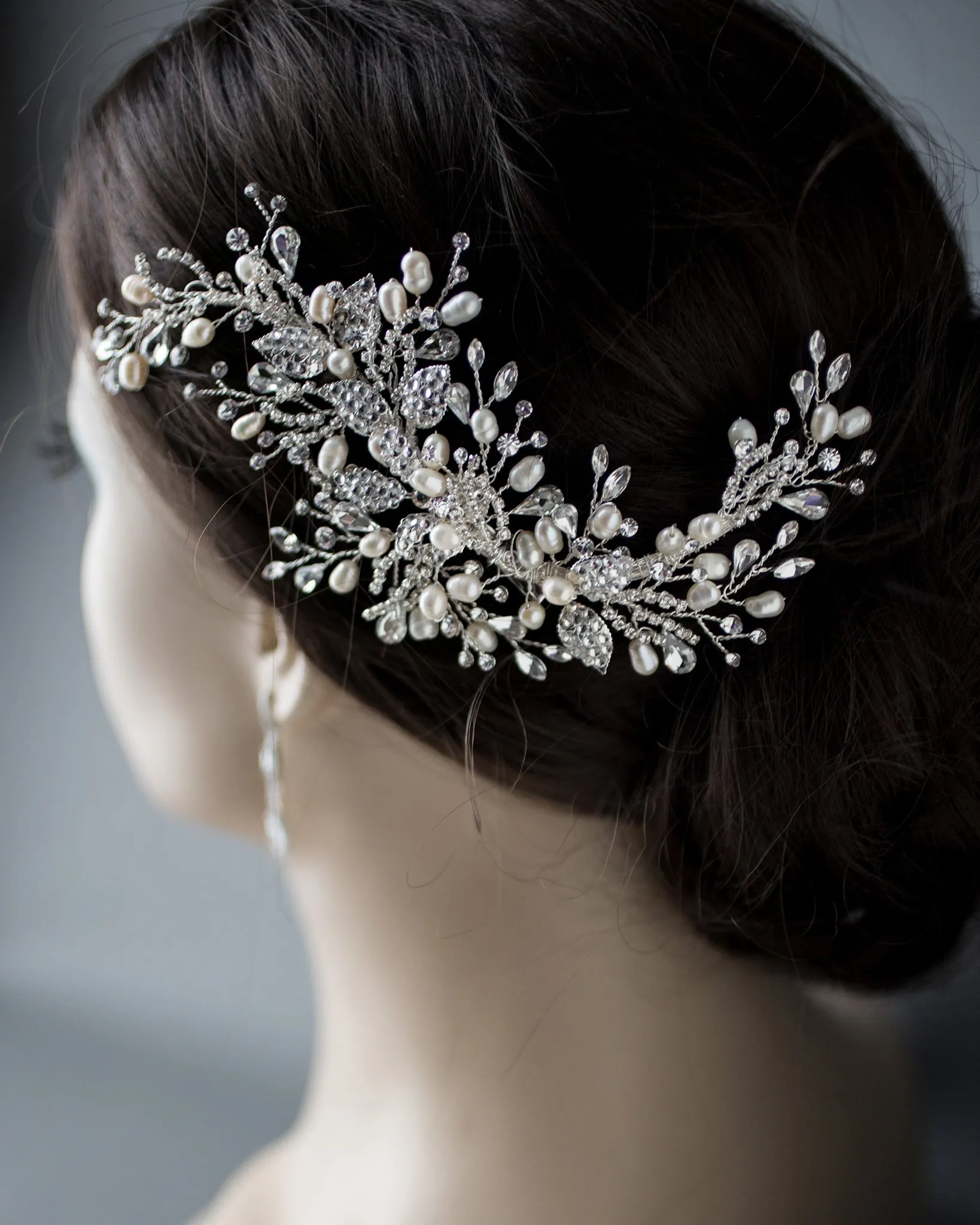 Crystal Leaves and Freshwater Pearls Bridal Clip