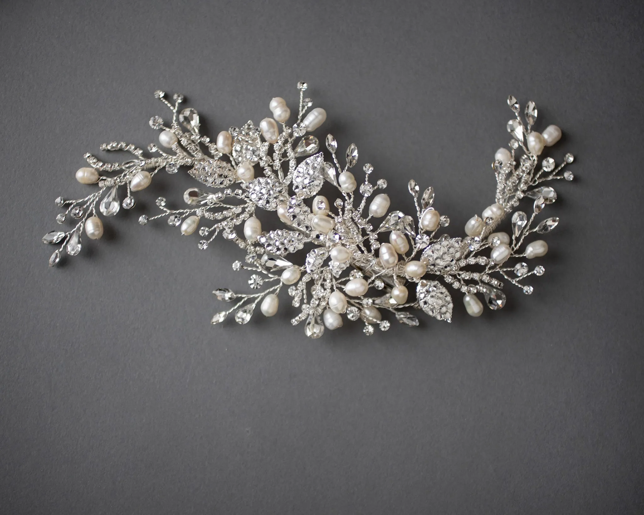 Crystal Leaves and Freshwater Pearls Bridal Clip