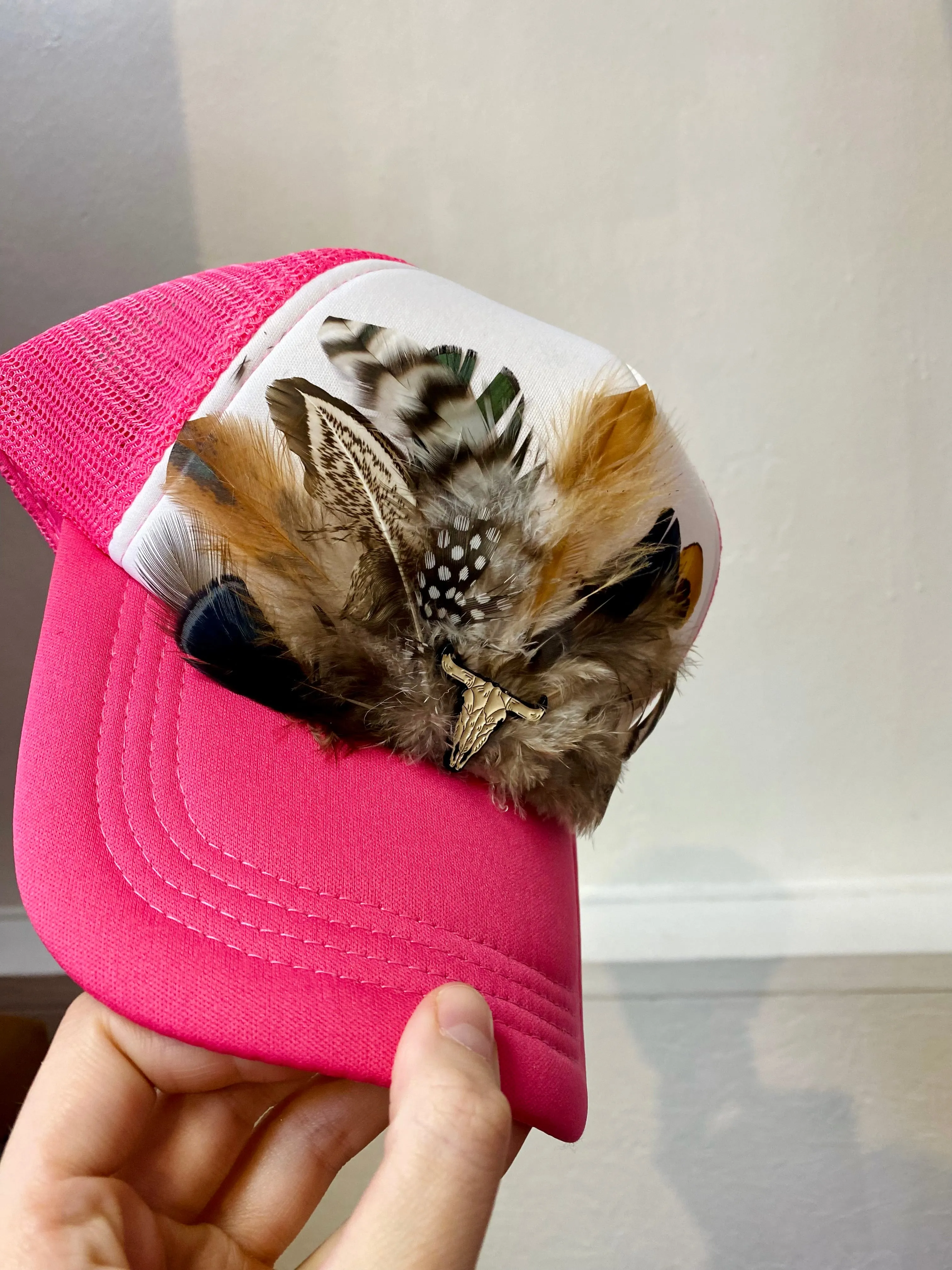 Custom Feather Trucker Hat - Pink