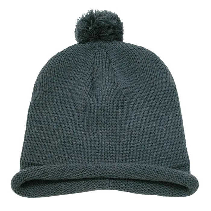 Decky 611A - Solid Roll Up Beanie with Pom Pom, Knit Cap