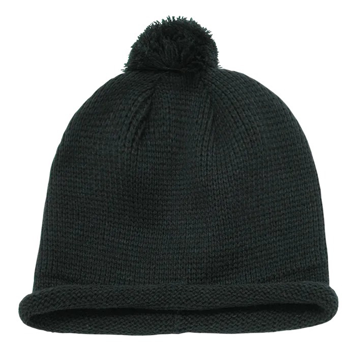 Decky 611A - Solid Roll Up Beanie with Pom Pom, Knit Cap