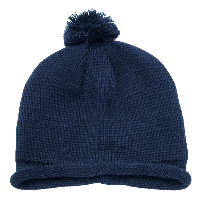 Decky 611A - Solid Roll Up Beanie with Pom Pom, Knit Cap