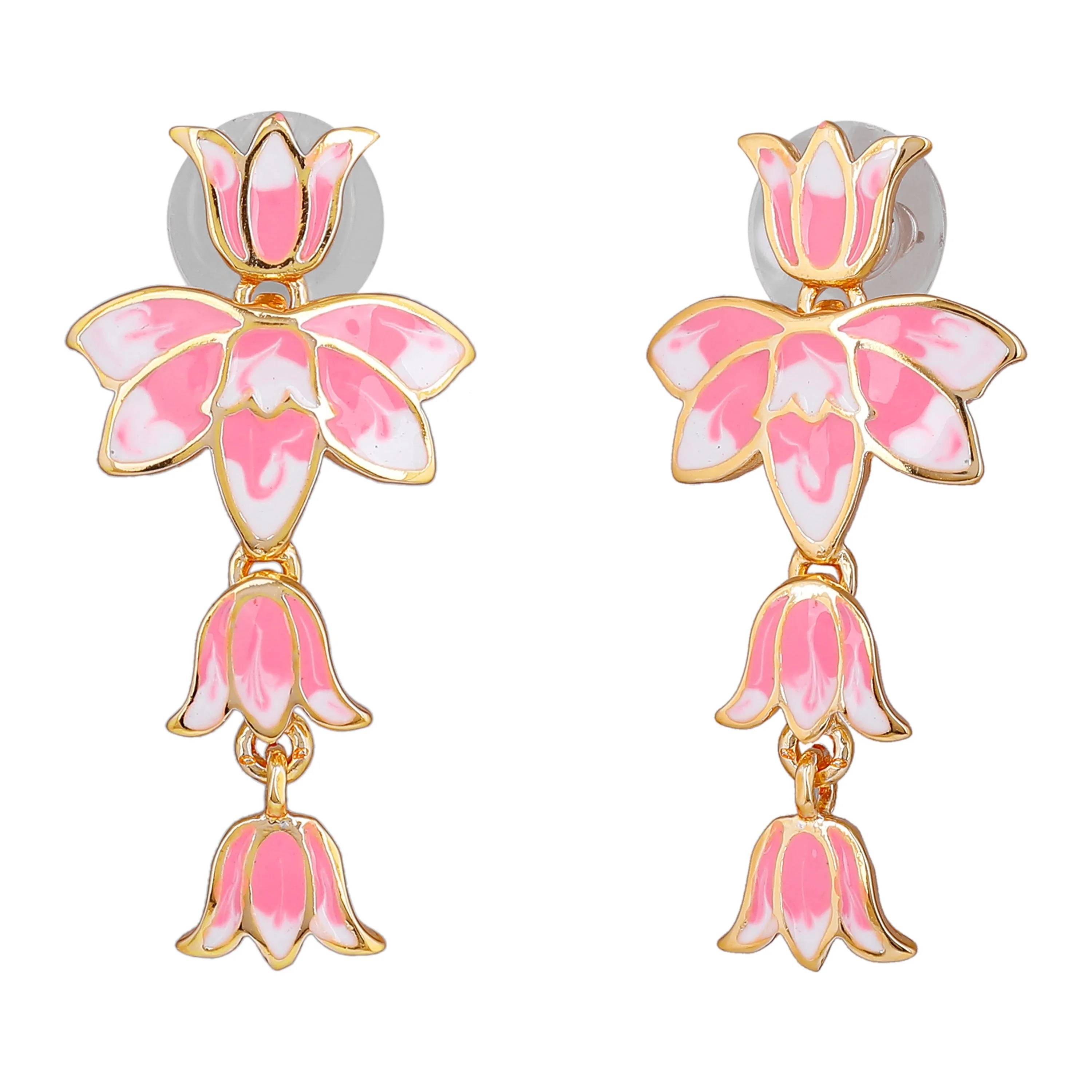 Estele Gold Plated Alluring Lotus Designer Drop Earrings with Pink Enamel for Girl's & Women