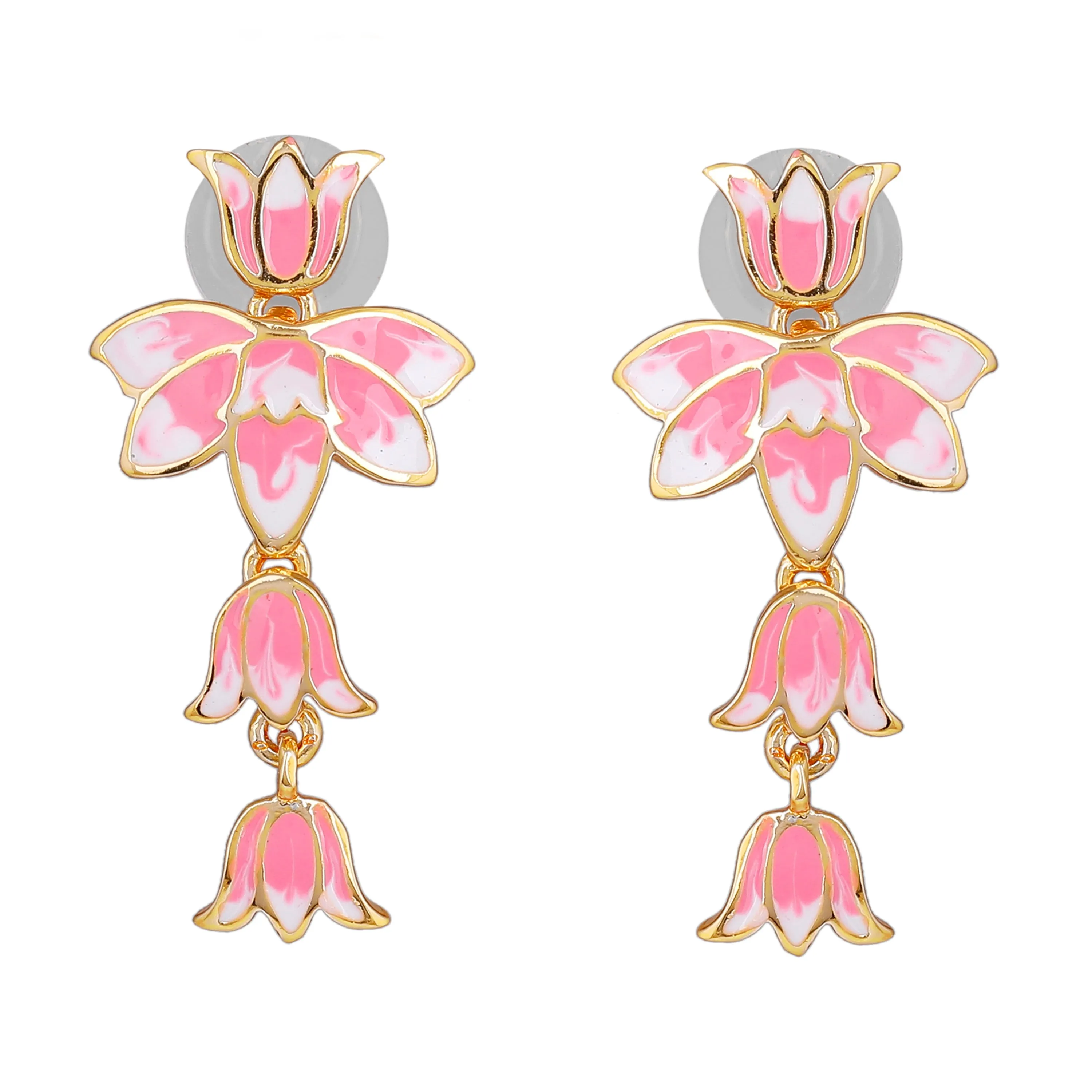 Estele Gold Plated Alluring Lotus Designer Drop Earrings with Pink Enamel for Girl's & Women