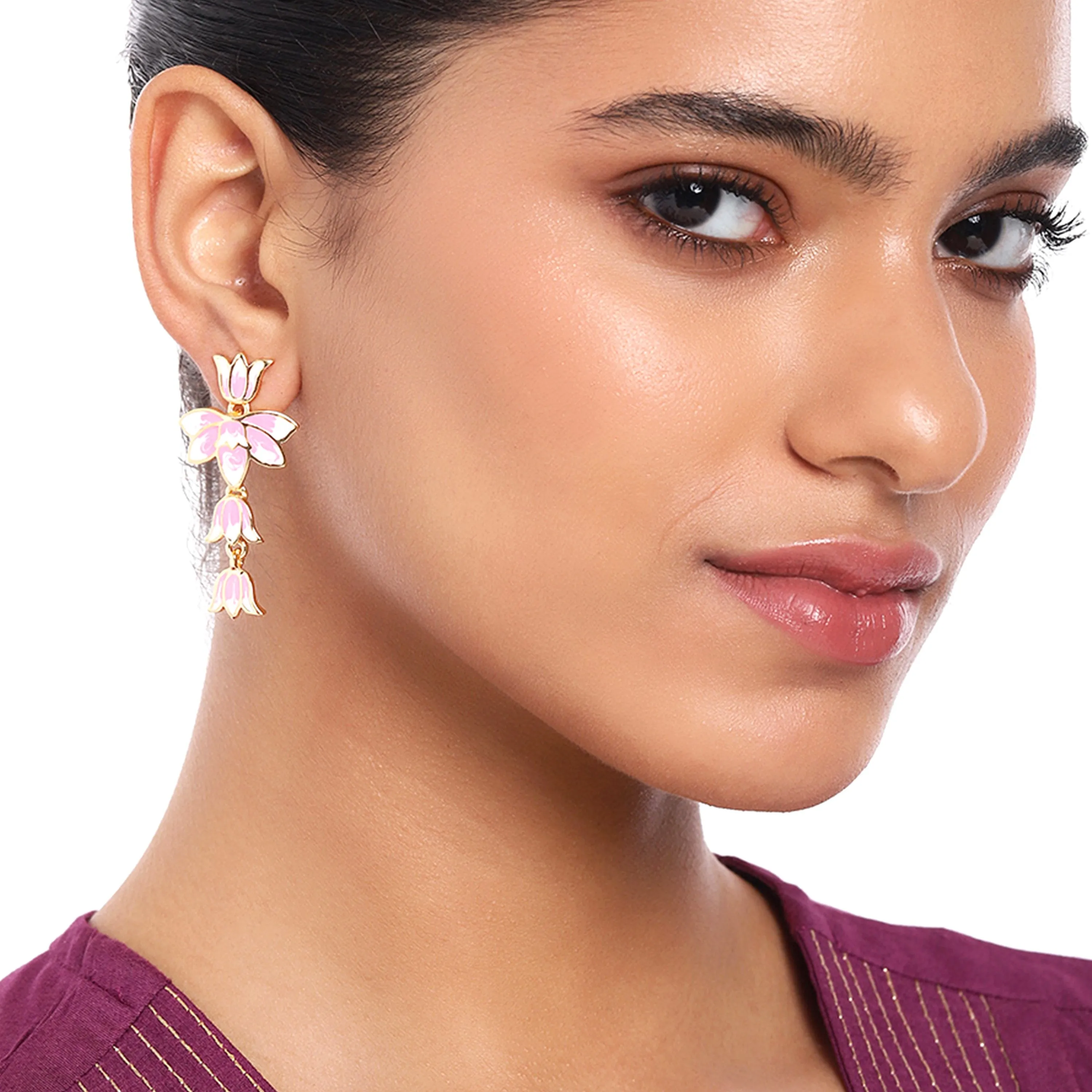 Estele Gold Plated Alluring Lotus Designer Drop Earrings with Pink Enamel for Girl's & Women