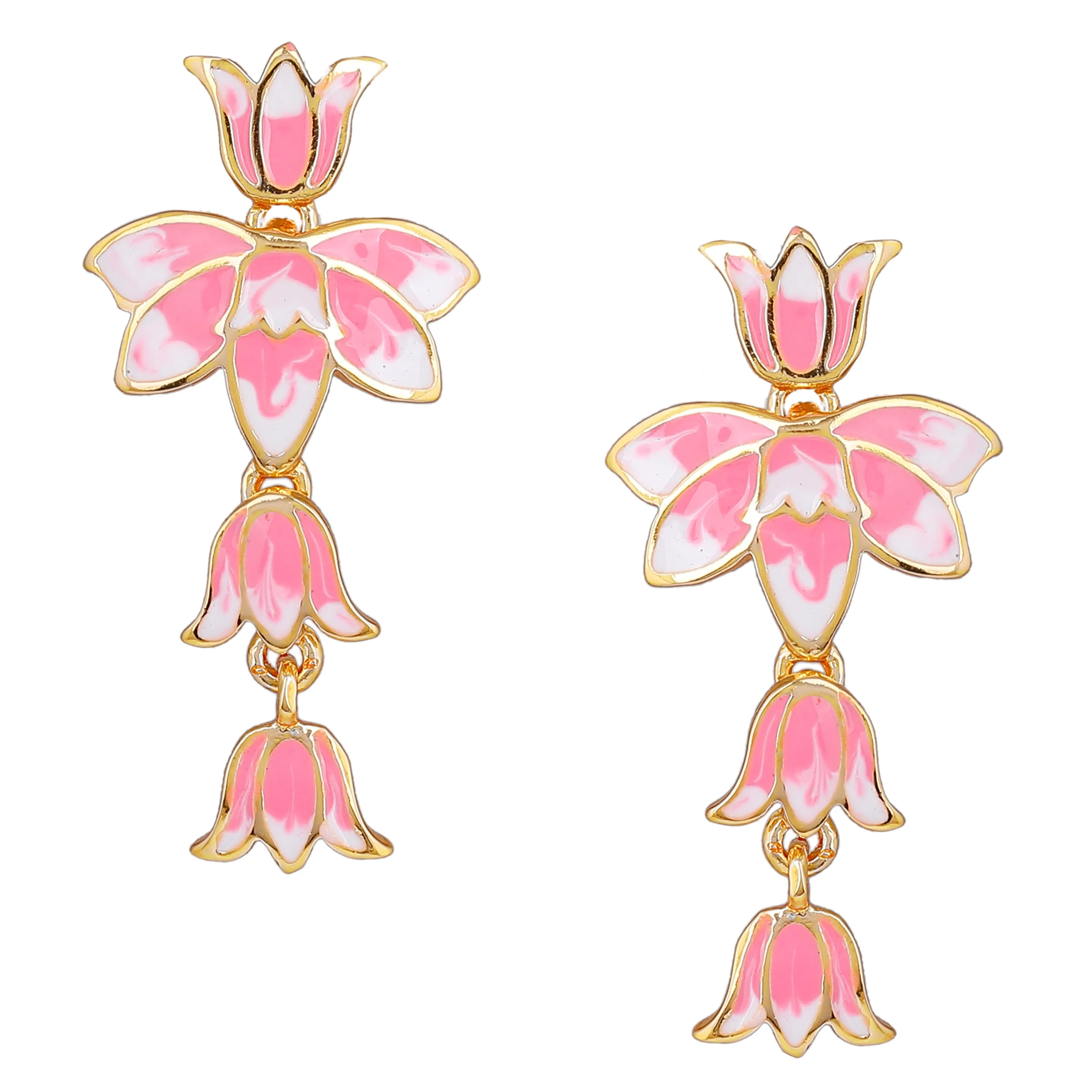 Estele Gold Plated Alluring Lotus Designer Drop Earrings with Pink Enamel for Girl's & Women