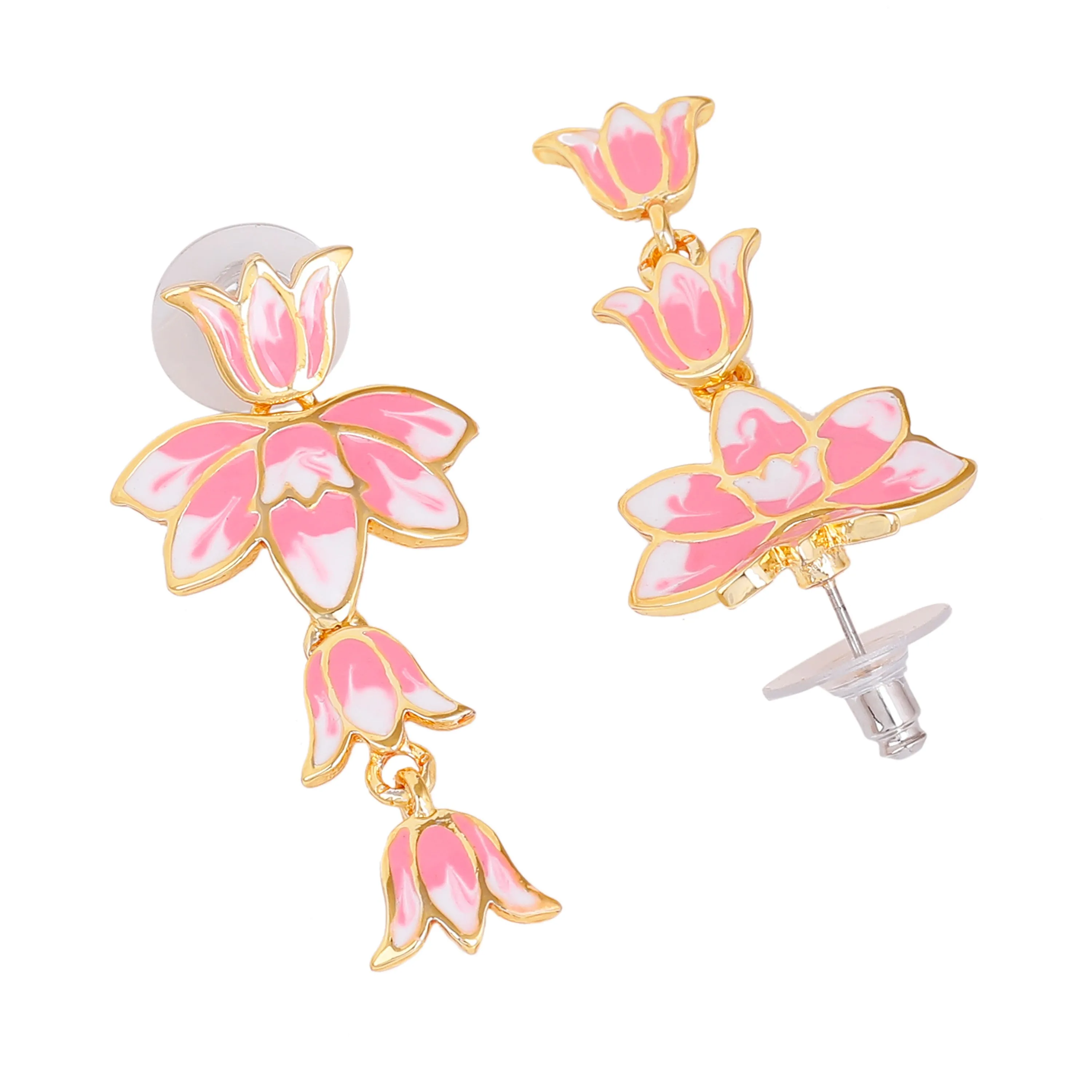 Estele Gold Plated Alluring Lotus Designer Drop Earrings with Pink Enamel for Girl's & Women