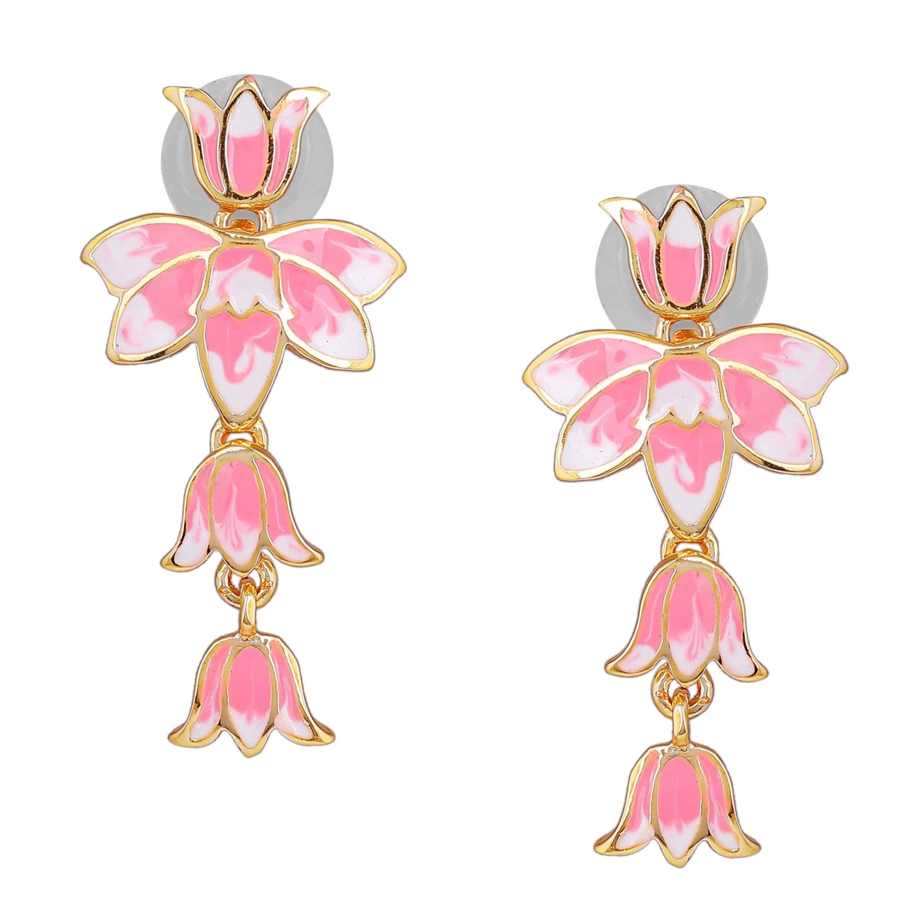 Estele Gold Plated Alluring Lotus Designer Drop Earrings with Pink Enamel for Girl's & Women