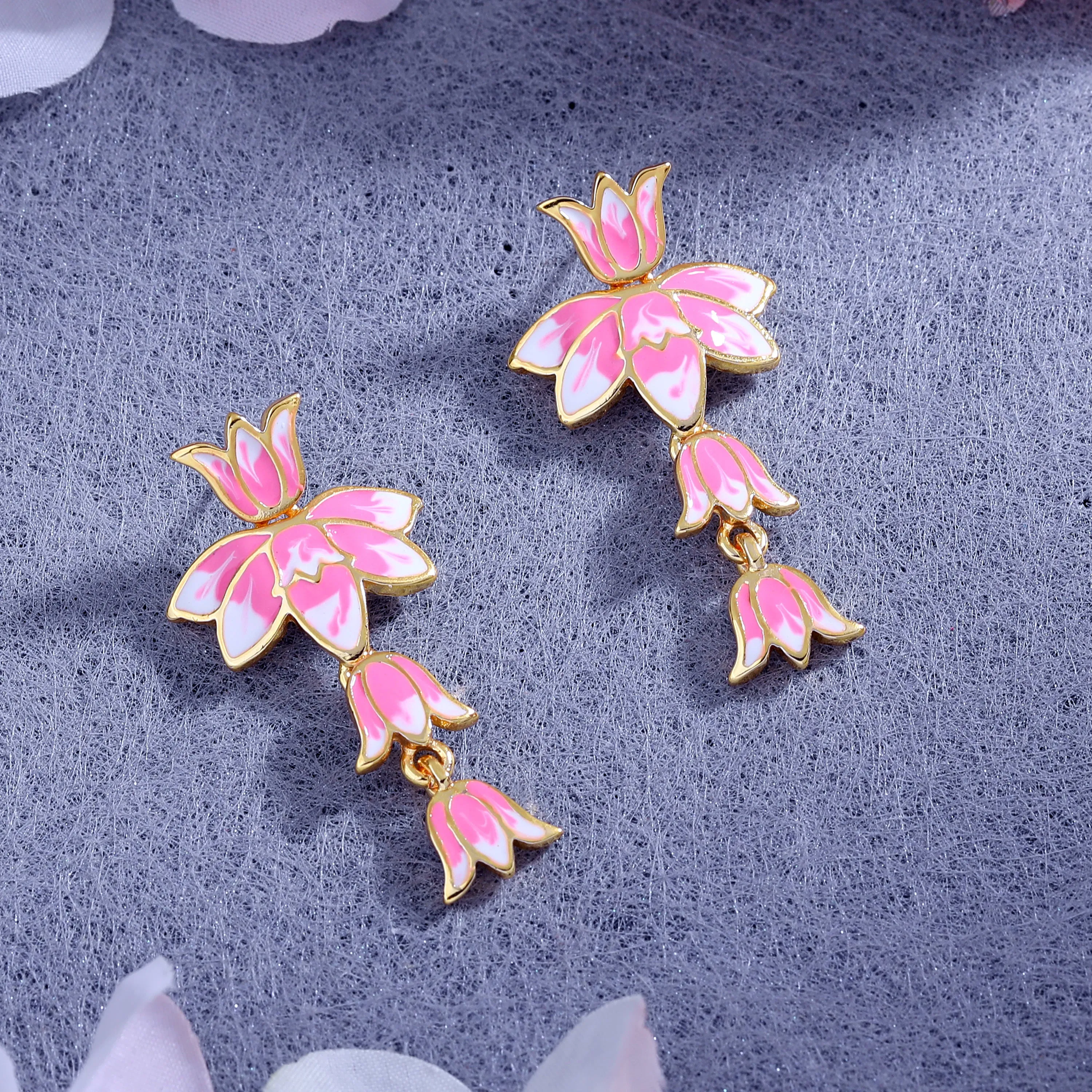 Estele Gold Plated Alluring Lotus Designer Drop Earrings with Pink Enamel for Girl's & Women