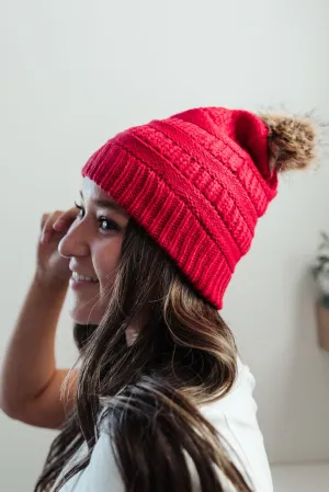 Faux Fur Pom Pom Beanie in Pink