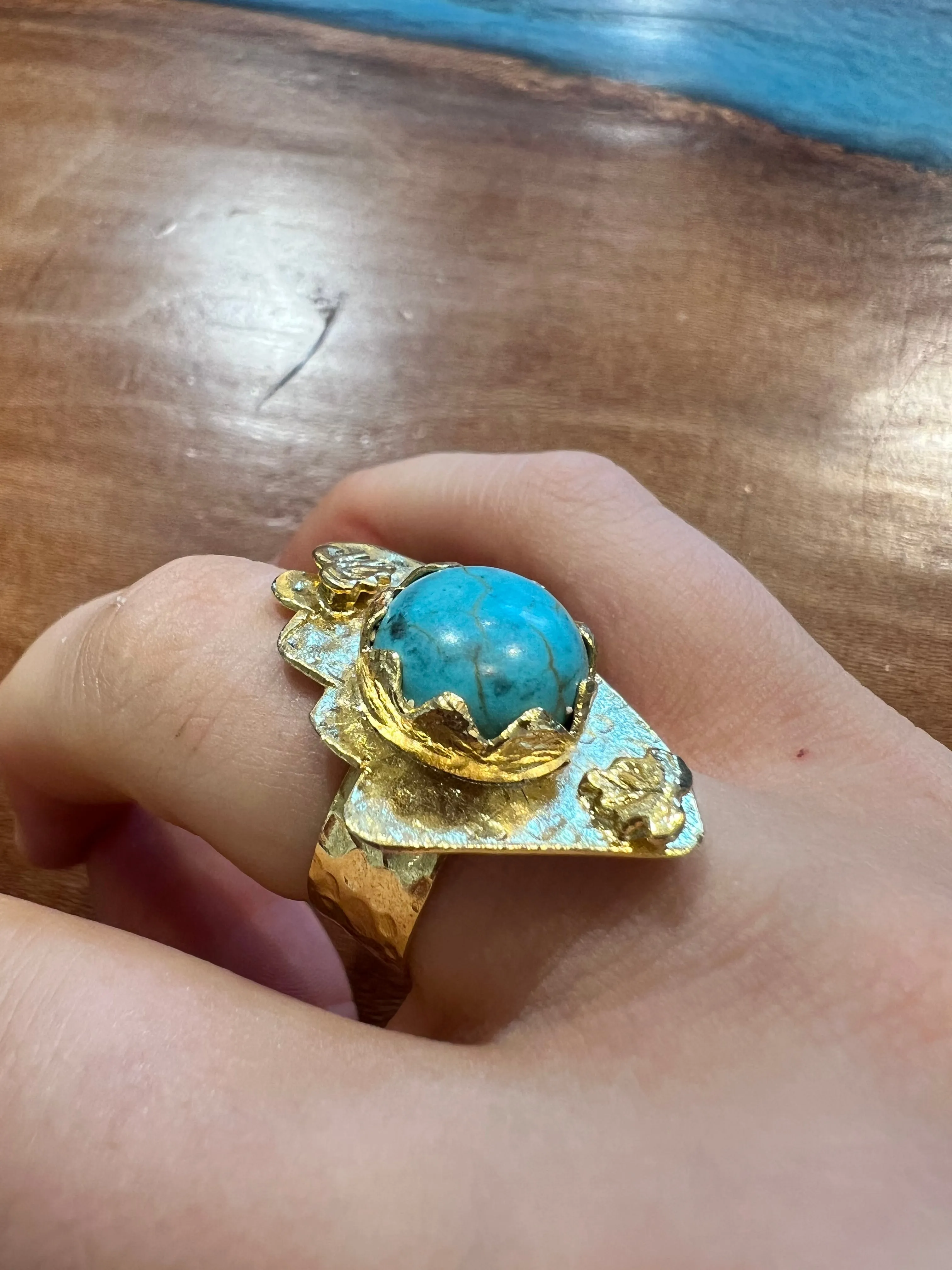 Gold and Turquoise Abstract Statement Ring