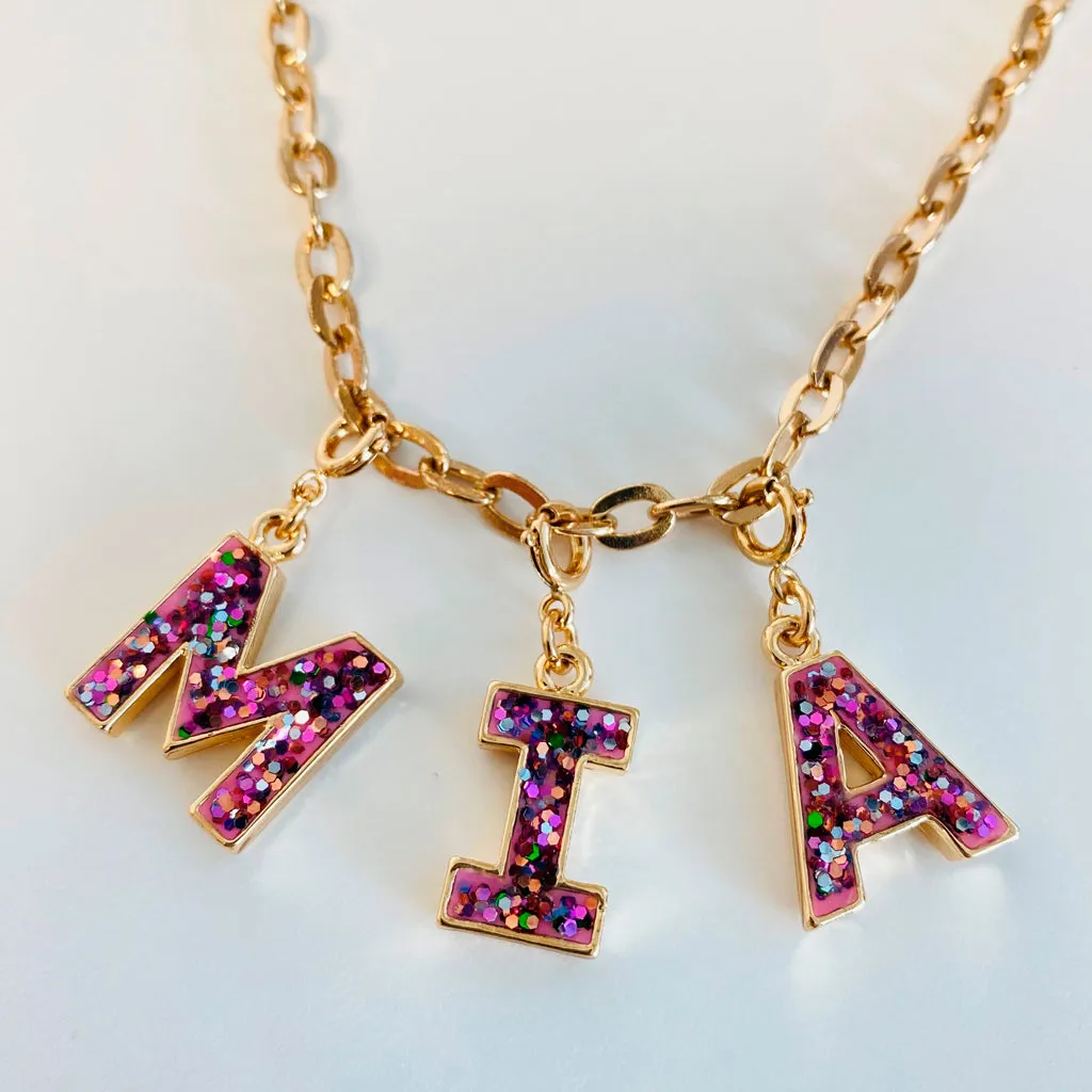 Gold Pink Glitter Letter M Charm